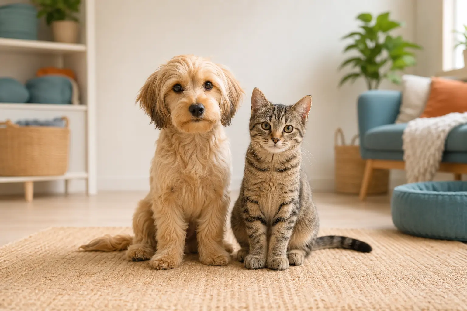 Un giovane cane e un gatto insieme